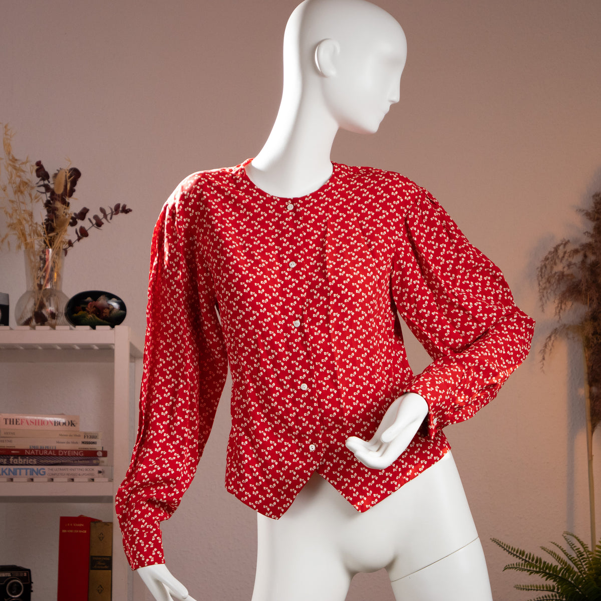 Archival Oliver by Valentino Red Bow Print Viscose Blouse — NOS Deadstock Early 1990s S XS