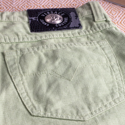 Vintage Versace Jeans Couture Lime Green Trousers | Textured Cotton | 90s Mom Fit | Silver Medusa | Size W30 (Fits EU 38) | High waisted