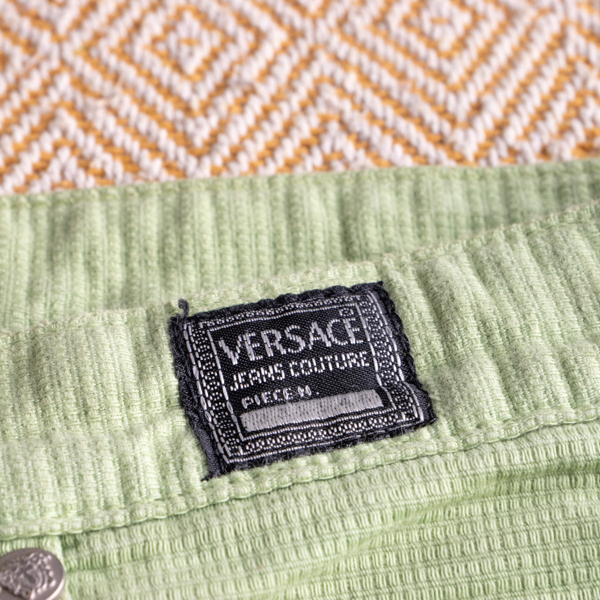 Vintage Versace Jeans Couture Lime Green Trousers | Textured Cotton | 90s Mom Fit | Silver Medusa | Size W30 (Fits EU 38) | High waisted