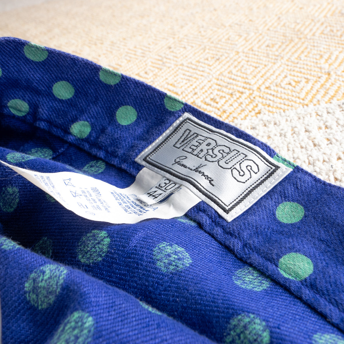 Vintage Versus Versace 90s Linen Skirt | Royal Blue & Green Pattern | Polka Dot Waist | High End Italian Summer | Size IT 44 Fits M / EU 38