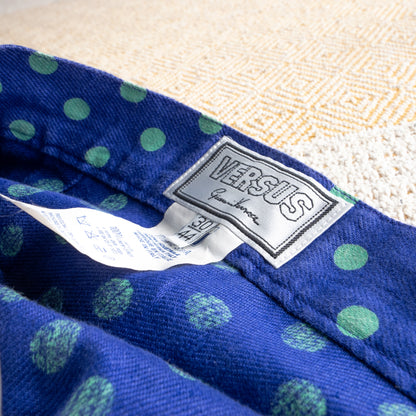Vintage Versus Versace 90s Linen Skirt | Royal Blue & Green Pattern | Polka Dot Waist | High End Italian Summer | Size IT 44 Fits M / EU 38