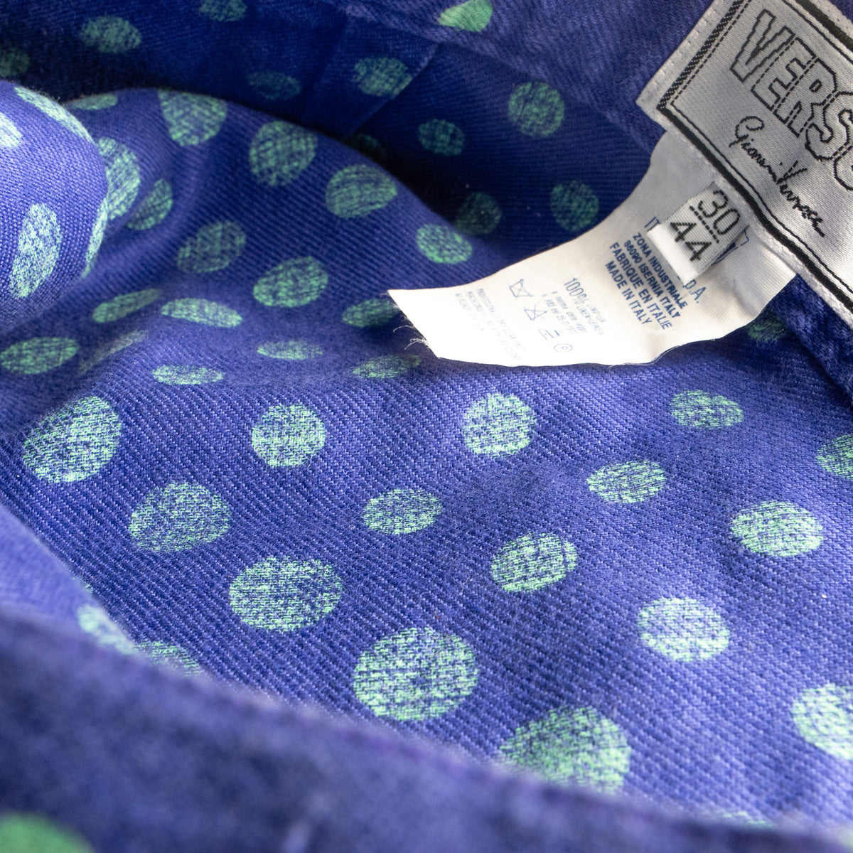 Vintage Versus Versace 90s Linen Skirt | Royal Blue & Green Pattern | Polka Dot Waist | High End Italian Summer | Size IT 44 Fits M / EU 38