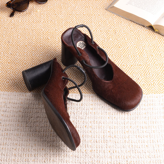 **SOLD: IXOS LATE 1990s RUNWAY PONY HAIR SQUARE-TOE BLOCK-HEEL PUMPS**