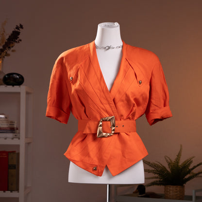 Archival Thierry Mugler ACTIV 3-Piece Skirt Suit 1992 Wasp Waist Pyramid Hardware Coral Linen Blend Corset Silhouette Time Srl Grails XS S