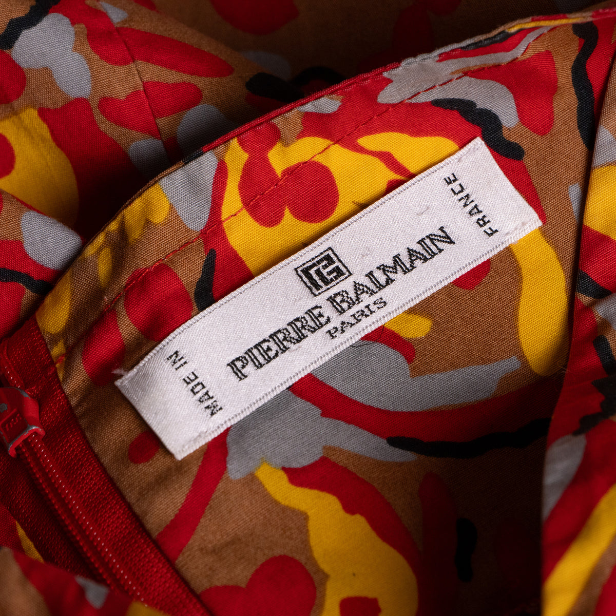 Pierre Balmain Paris Vintage Dress 1970s Deadstock New Old Stock 100% Cotton French Luxury Red Yellow Abstract Print High-End Curator Find M