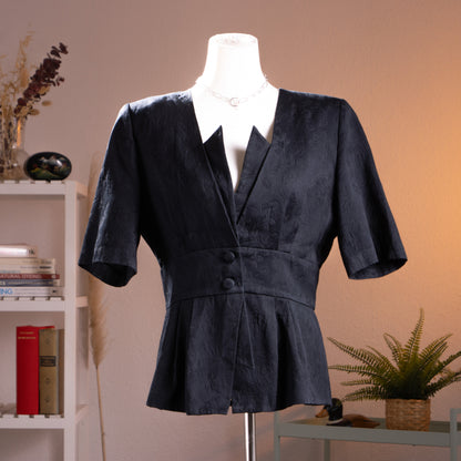 Archival Loris Azzaro Paris 80s Power Suit Two Piece Skirt Set NOS Museum Quality Black Cotton Jacquard Size L