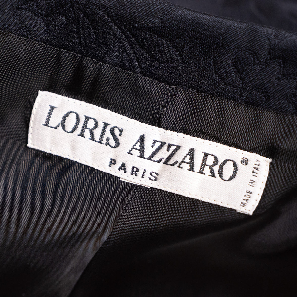 Archival Loris Azzaro Paris 80s Power Suit Two Piece Skirt Set NOS Museum Quality Black Cotton Jacquard Size L