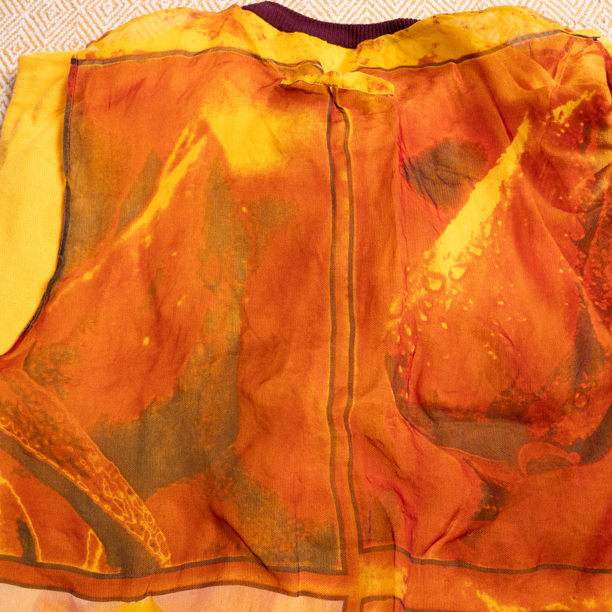 Archival Jean Paul Gaultier SS 2002 Set Maille Femme Top Soleil Trousers Watercolor Print Burgundy Pants Grails Gaultier Mesh Era XS S