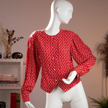 Archival Oliver by Valentino Red Bow Print Viscose Blouse — NOS Deadstock Early 1990s S XS